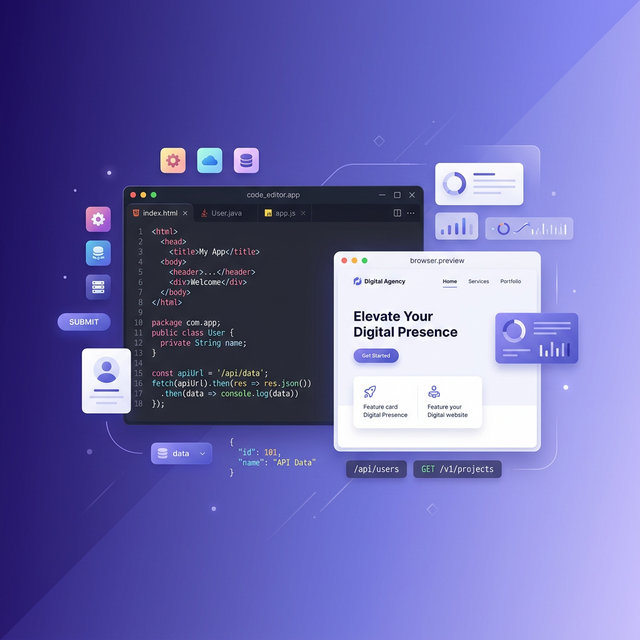 Ilustrace webového vývojáře při práci